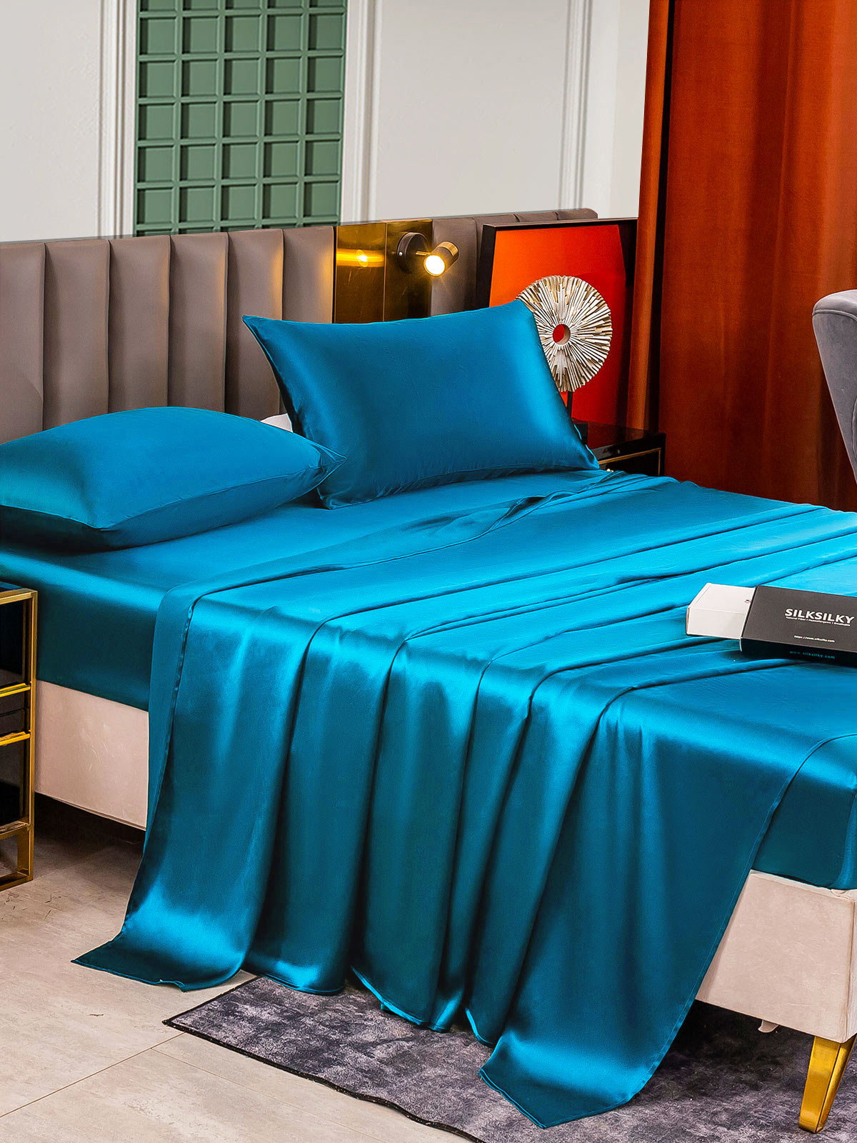 [Blågrøn] SilkSilky-DK 25Momme Bedding Set 005