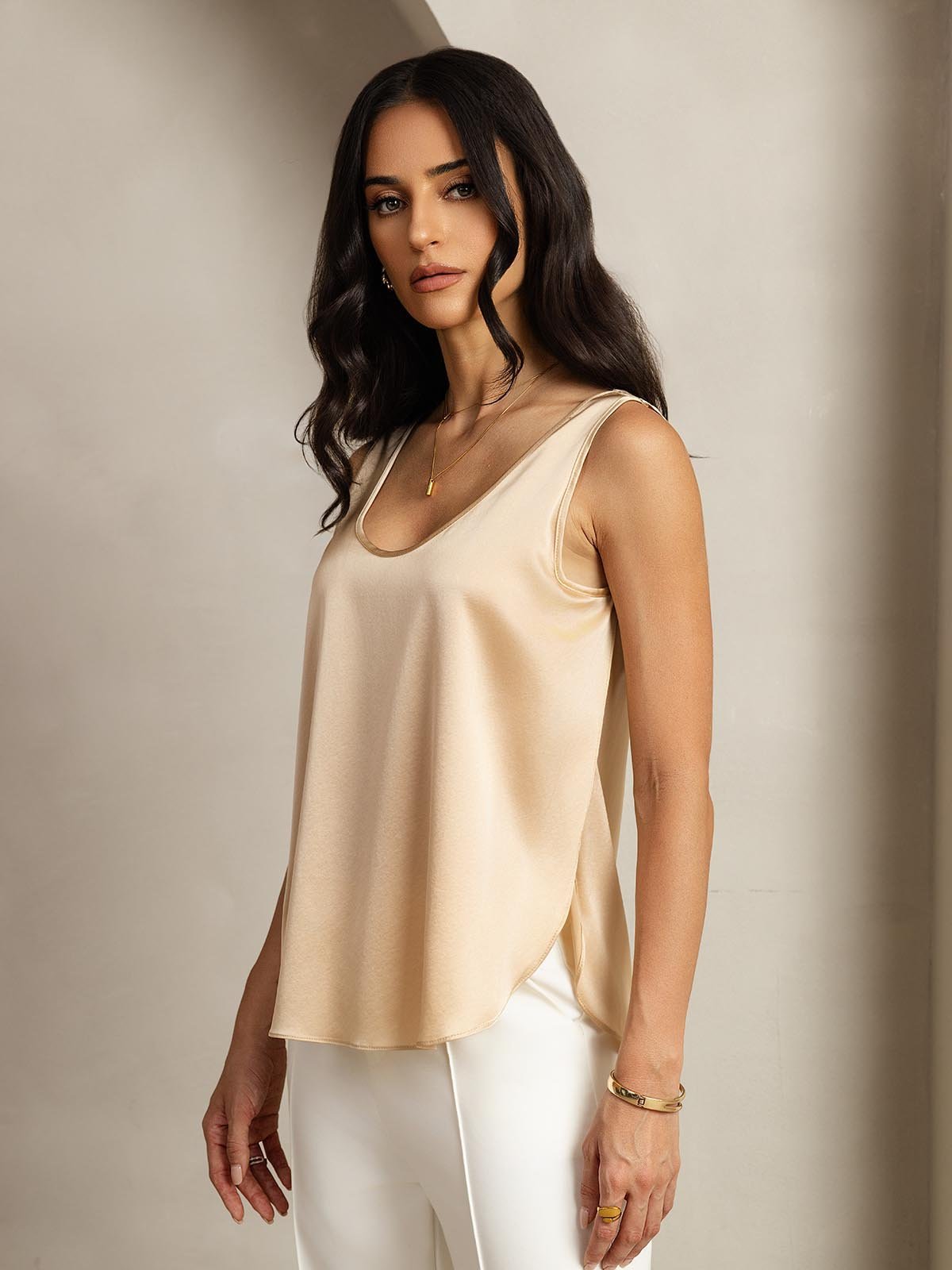[Champagne] SilkSilky-DK 19Momme Silke Split T-shirt til kvinder 001