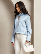 [Gråblå] SilkSilky-DK 19Momme Silke Womens Shirt 007