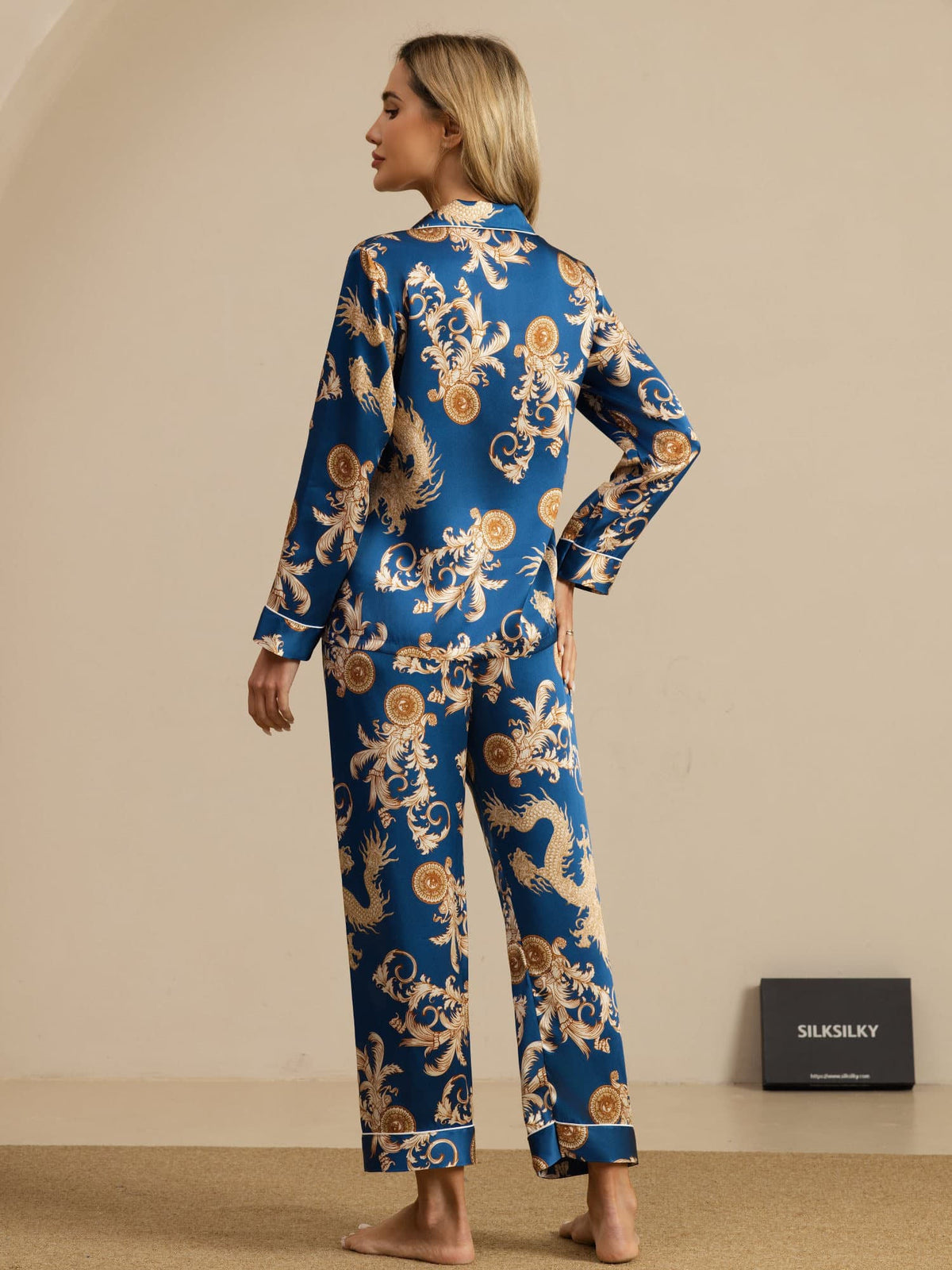 [Navy Drage] SilkSilky-DK Long Sleeve Lapel Collar Dame Pyjamas 002