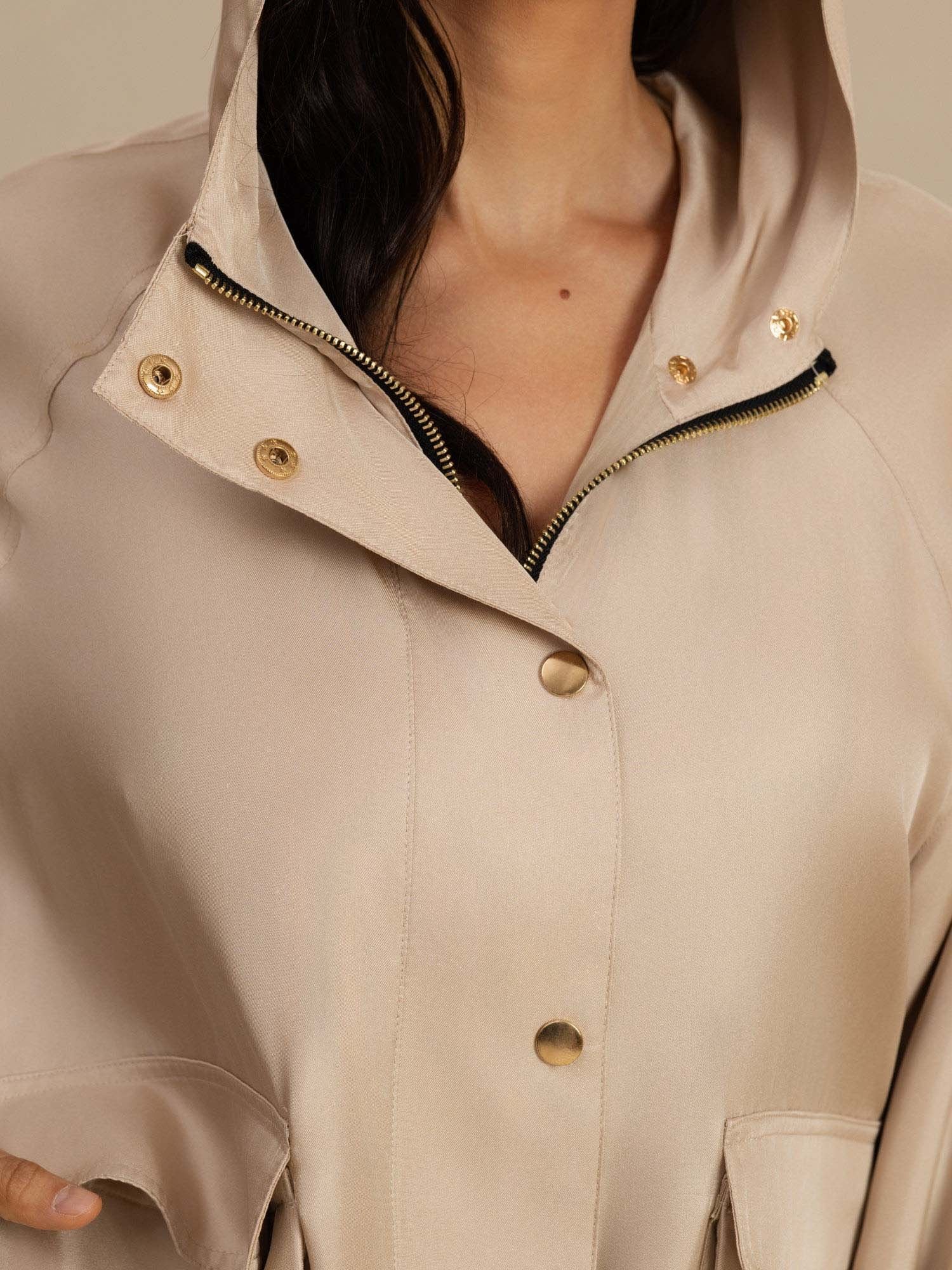 [Tan] SilkSilky-DK Langærmet Høj Hals Overtøj til Kvinder 007