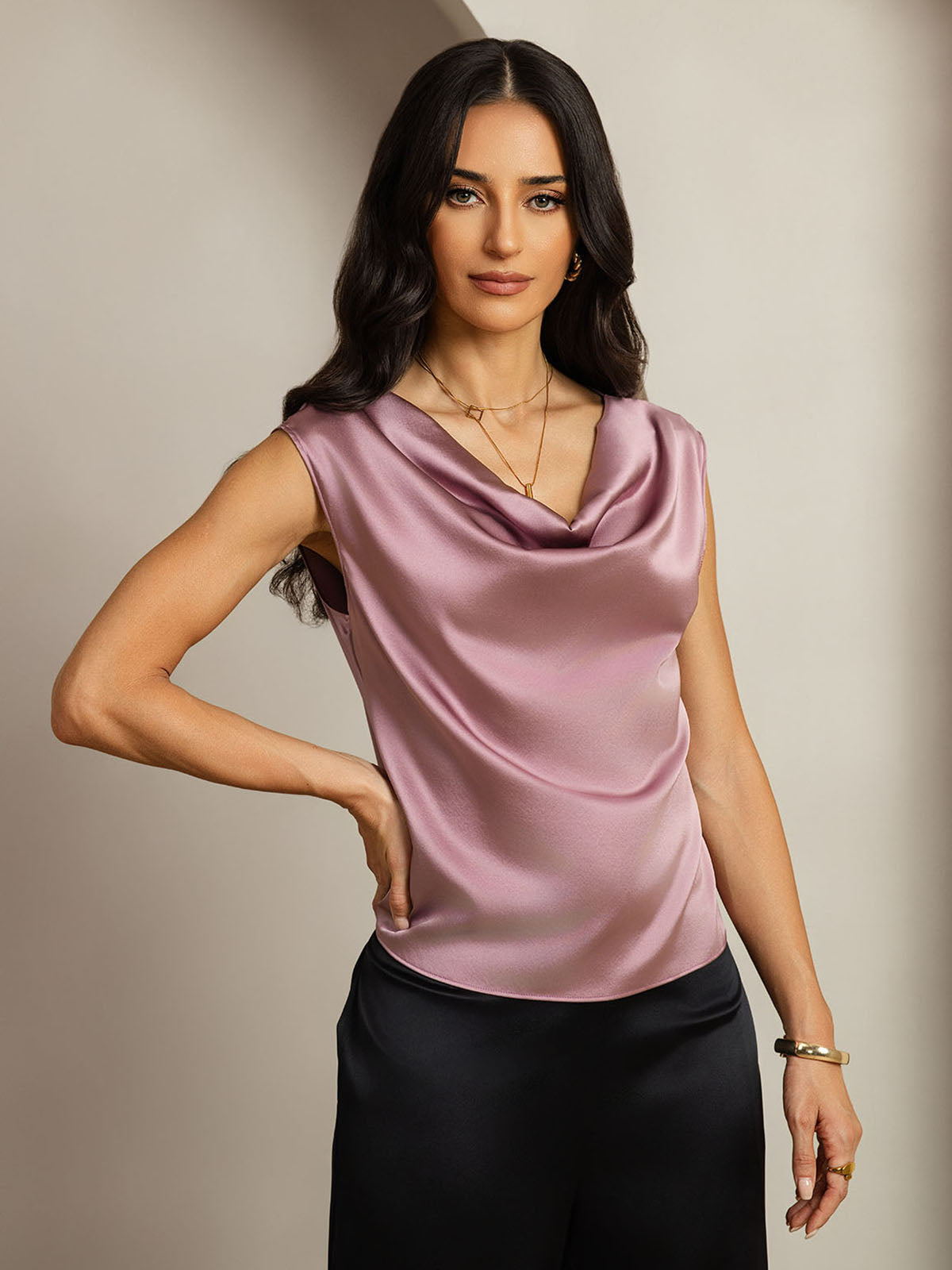 [Bleg Mauve] SilkSilky-DK Cap Sleeve Cowl Neck T-shirt til kvinder 001