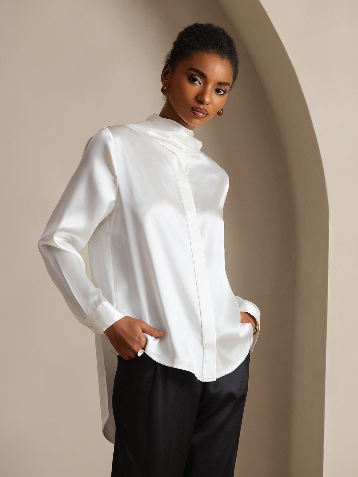 [Hvid] SilkSilky-DK 19Momme Silke Womens Shirt 005