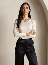 [Beige] SilkSilky-DK Langærmet Rund Hals T-shirt til kvinder 005