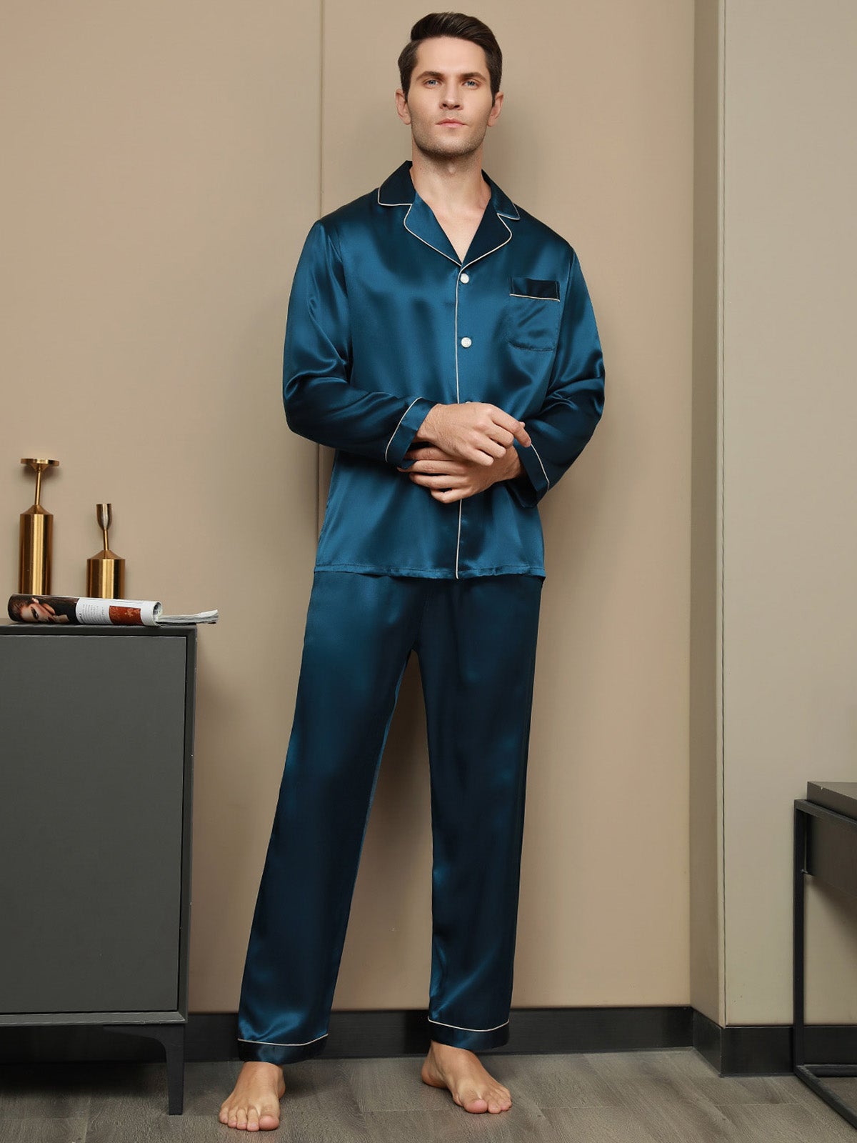 [Blågrøn] SilkSilky-DK 19Momme Mens Pajamas 001