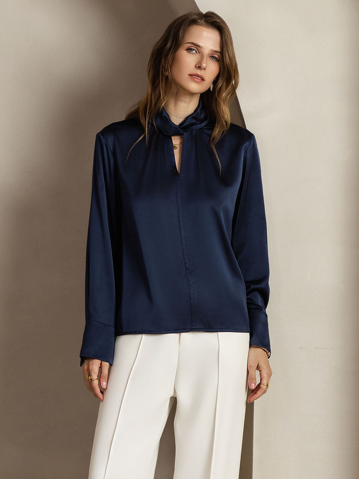 [Mørkeblå] SilkSilky-DK 19Momme Silke Womens Shirt 005