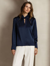 [Mørkeblå] SilkSilky-DK Long Sleeve Keyhole Neck Damebluser 005