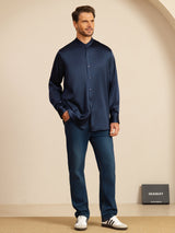 [Mørkeblå] SilkSilky-DK Long Sleeve Stand Collar Herreskjorte 008
