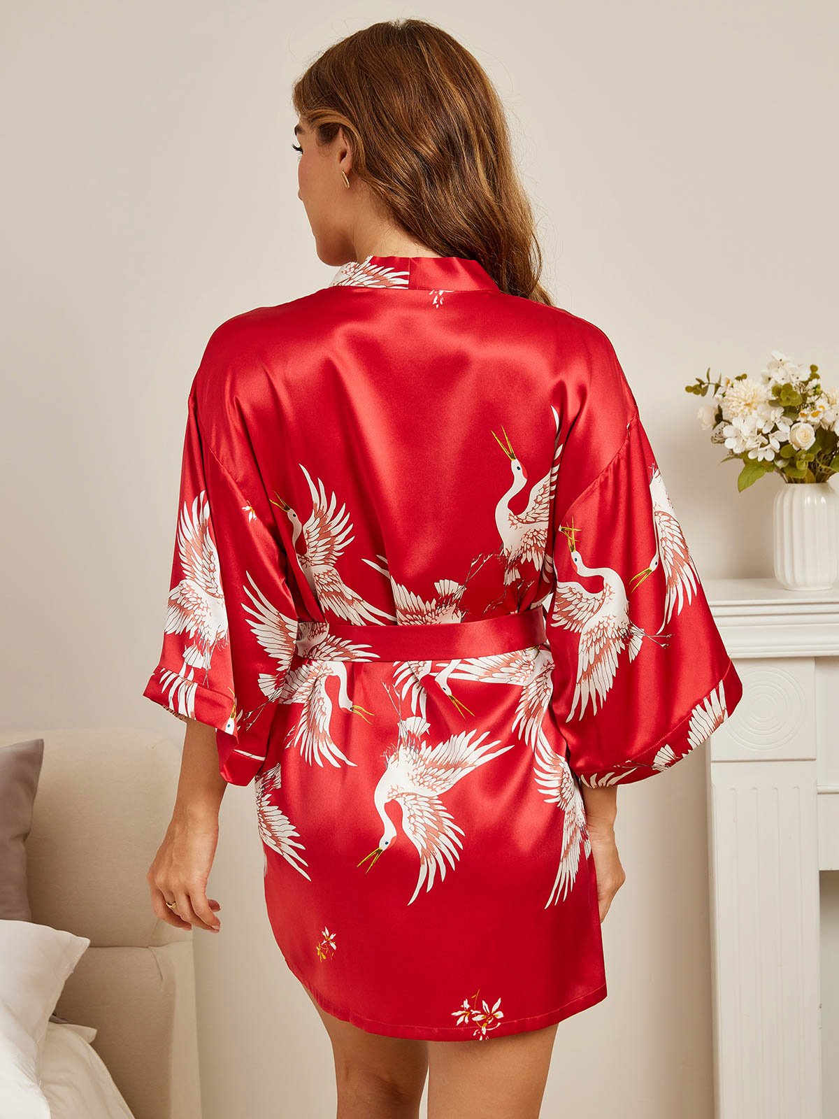 [Mørkerød] SilkSilky-DK 3/4 Sleeve Dame Morgenkåbe 002