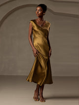 [Brun] SilkSilky-DK Kappeærmer Scoop Neck Kjole 006