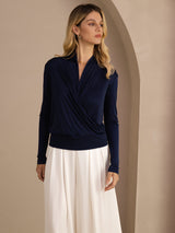 [Mørkeblå] SilkSilky-DK Long Sleeve Wrap Damebluser 001