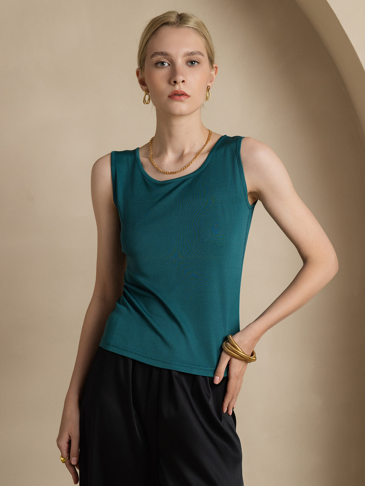 [Mørkegrøn] SilkSilky-DK Silk Knitted Sleeveless Round Neck T-shirt til kvinder 001