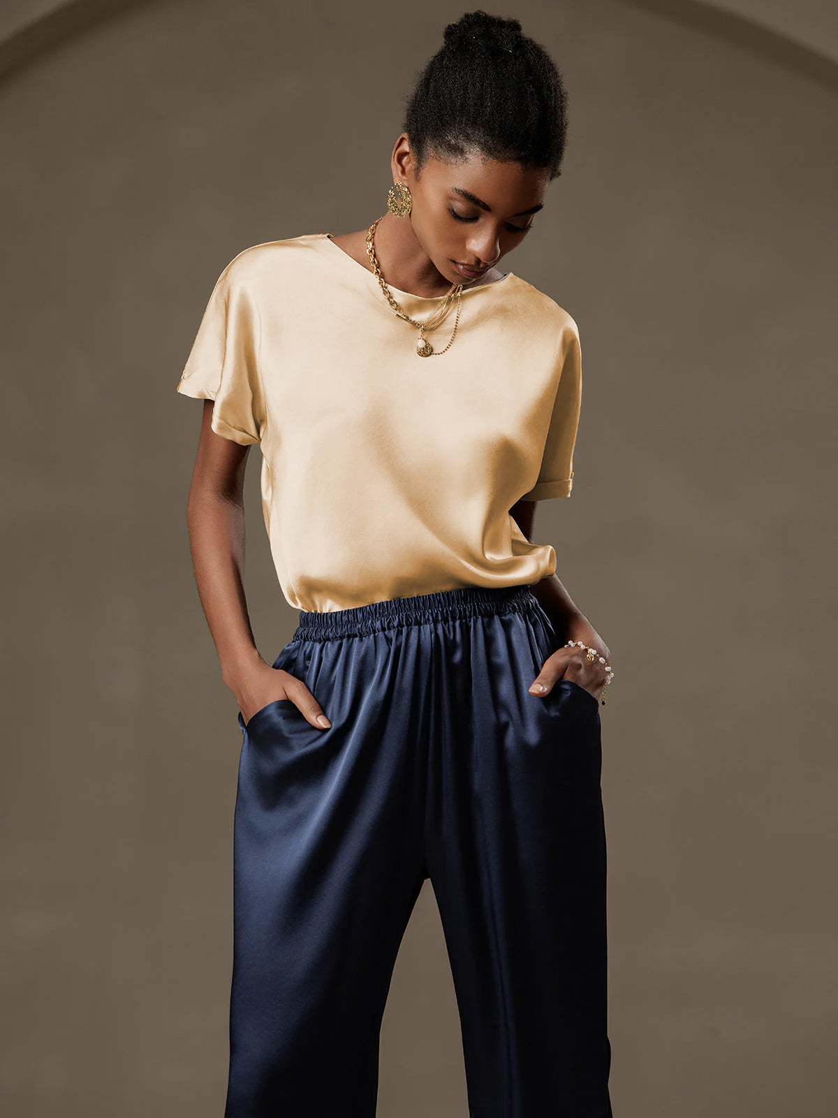 [Champagne] SilkSilky-DK 19Momme Silke Womens T-Shirt 003