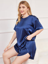 [Mørkeblå] SilkSilky-DK Pure Silk Short Sleeve Round Neck Dame Plus Size Pyjamas 004