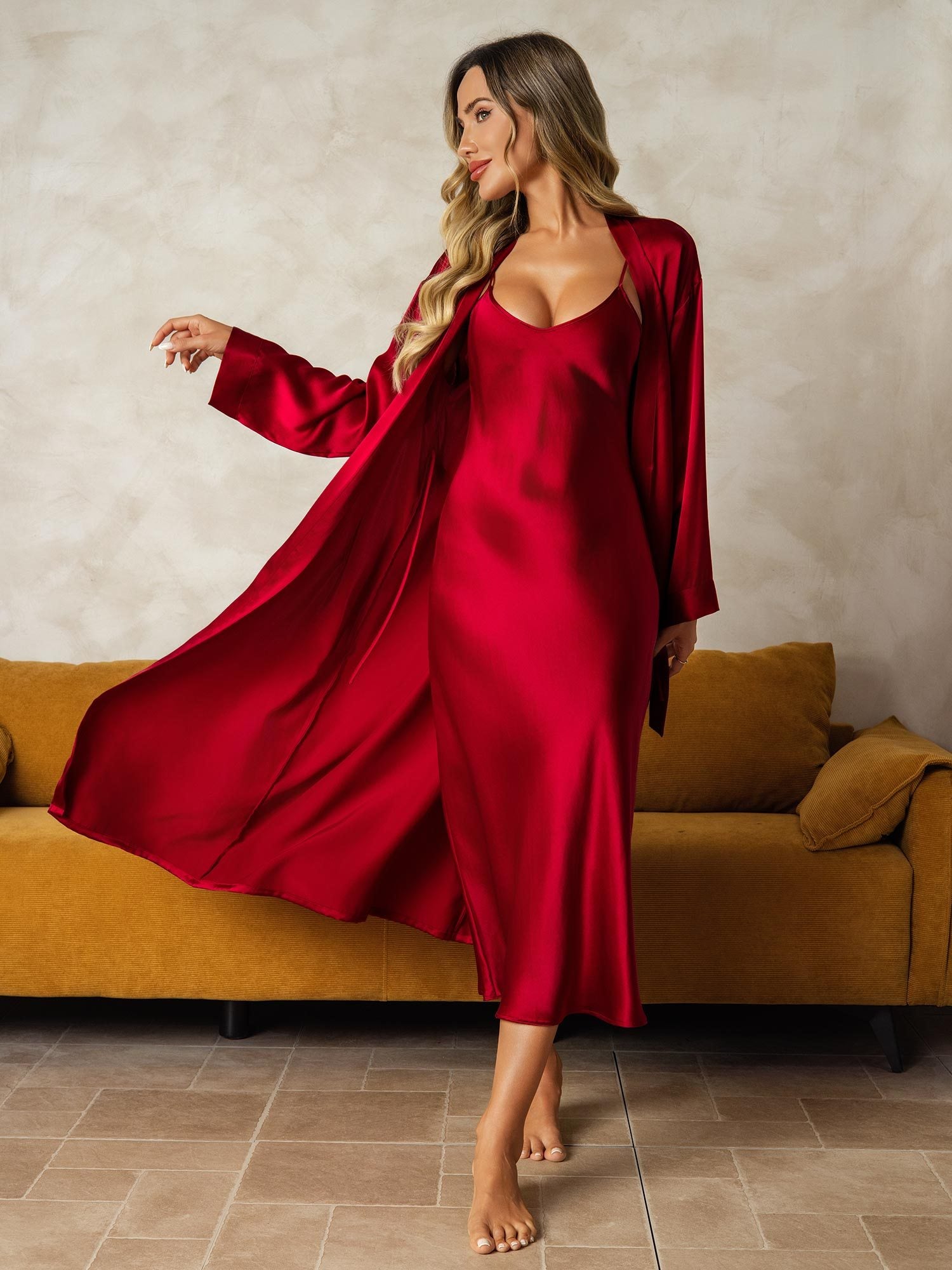 [Vin] SilkSilky-DK Silke Wrap Natkjole & Morgenkåbe Sæt 001