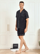 [Sort] SilkSilky-DK Short Sleeve Lapel Collar Pyjamas til Mænd 004