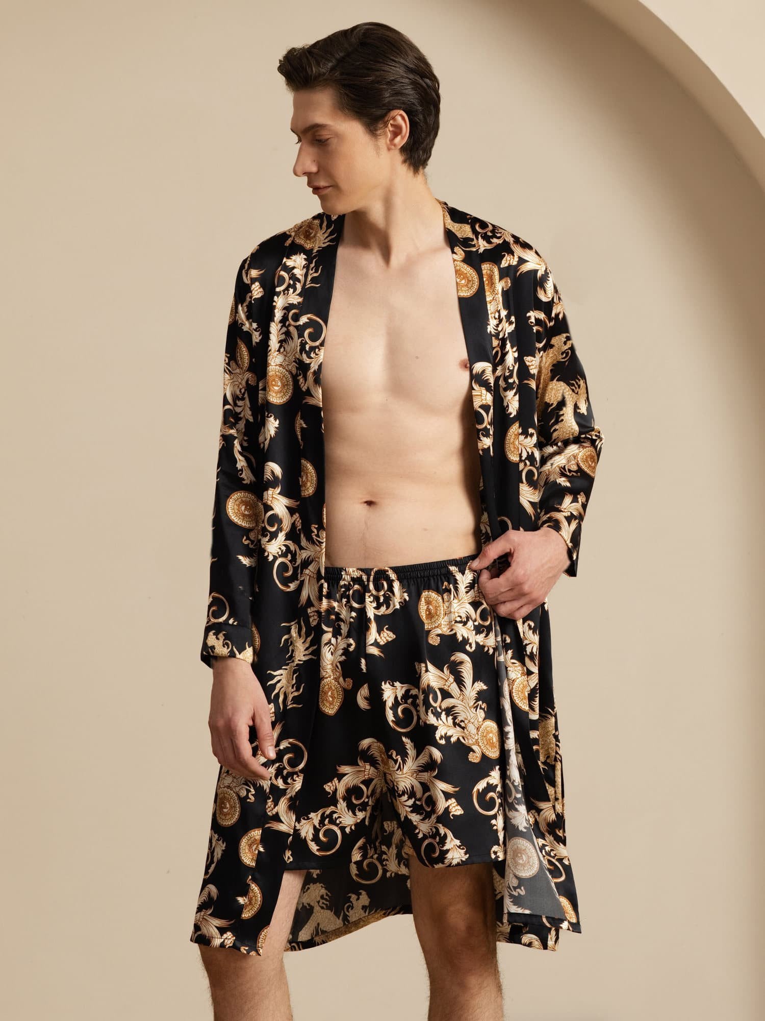[Sort Drage] SilkSilky-DK Long Sleeve Pyjamas til Mænd 002
