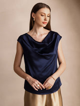 [Mørkeblå] SilkSilky-DK Cap Sleeve Cowl Neck T-shirt til kvinder 001