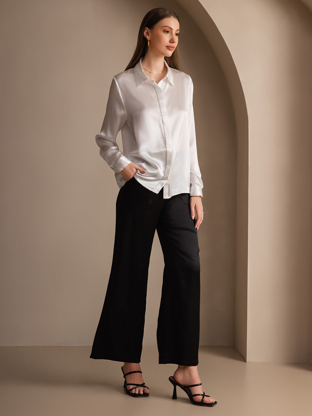 [Hvid] SilkSilky-DK 19Momme Silke Womens Shirt 008