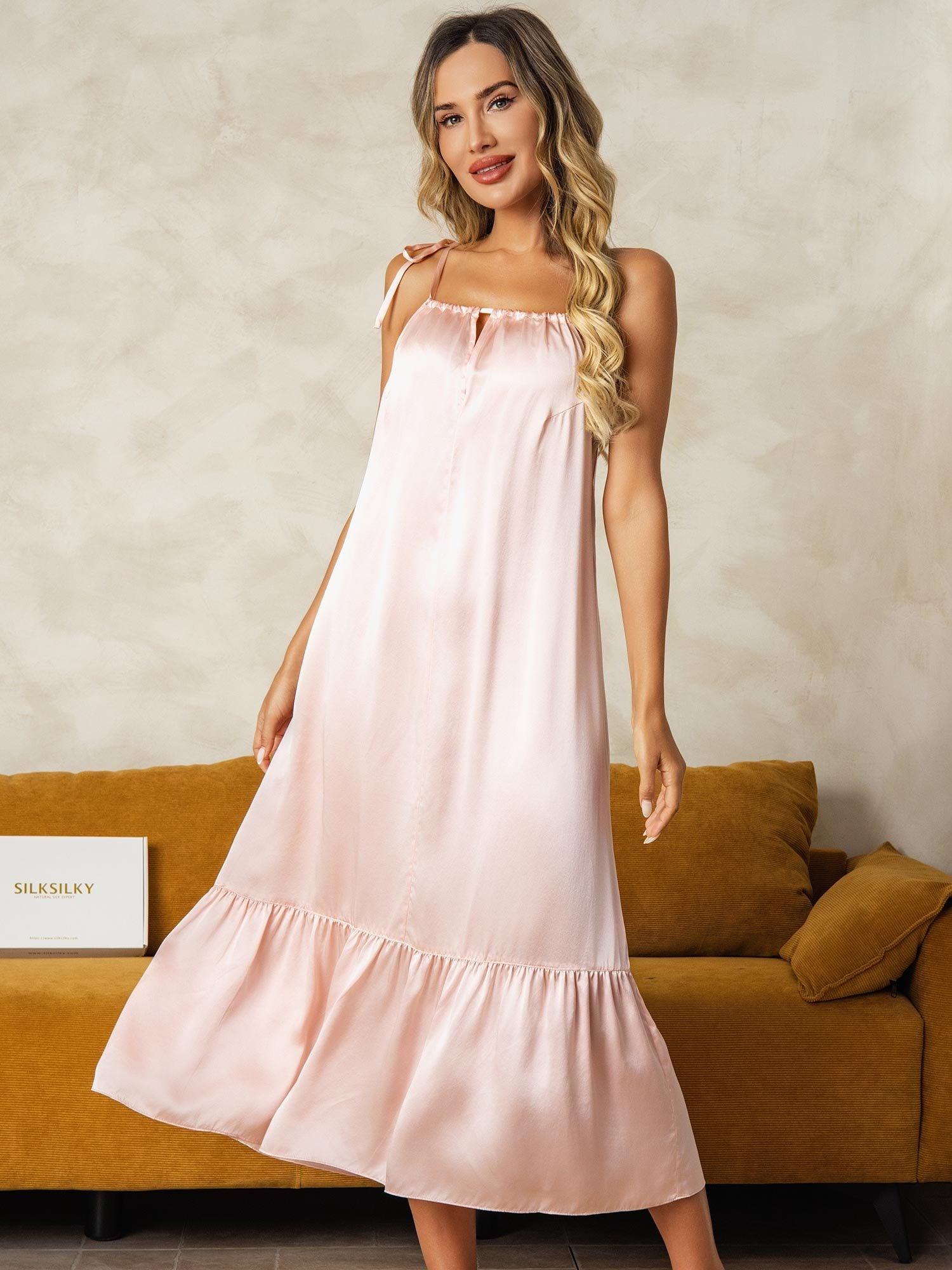 [Lyserød] SilkSilky-DK Silke Nightgown 003