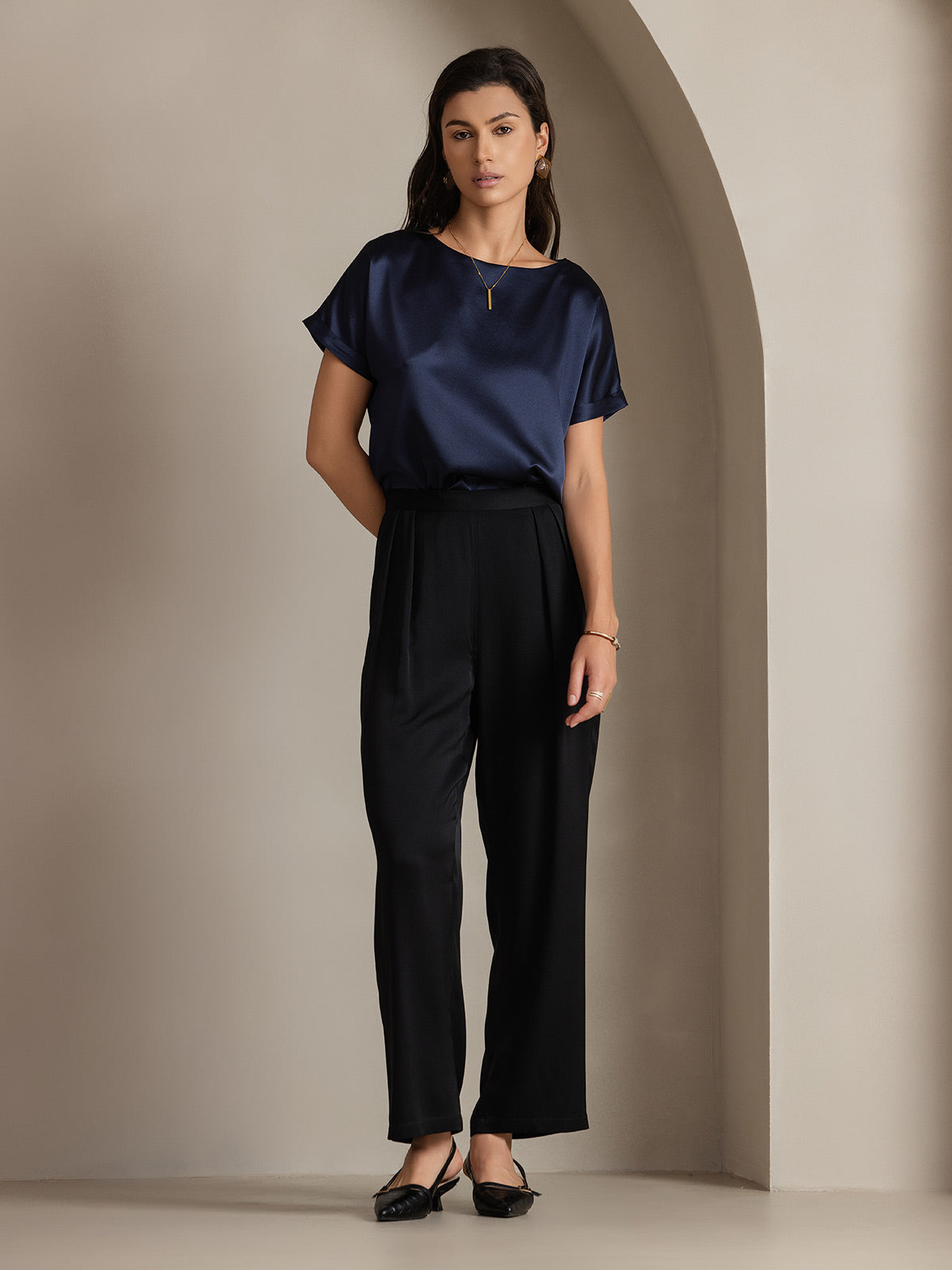 [Mørkeblå] SilkSilky-DK 19Momme Silke Short Sleeve Round Neck T-shirt til kvinder 004