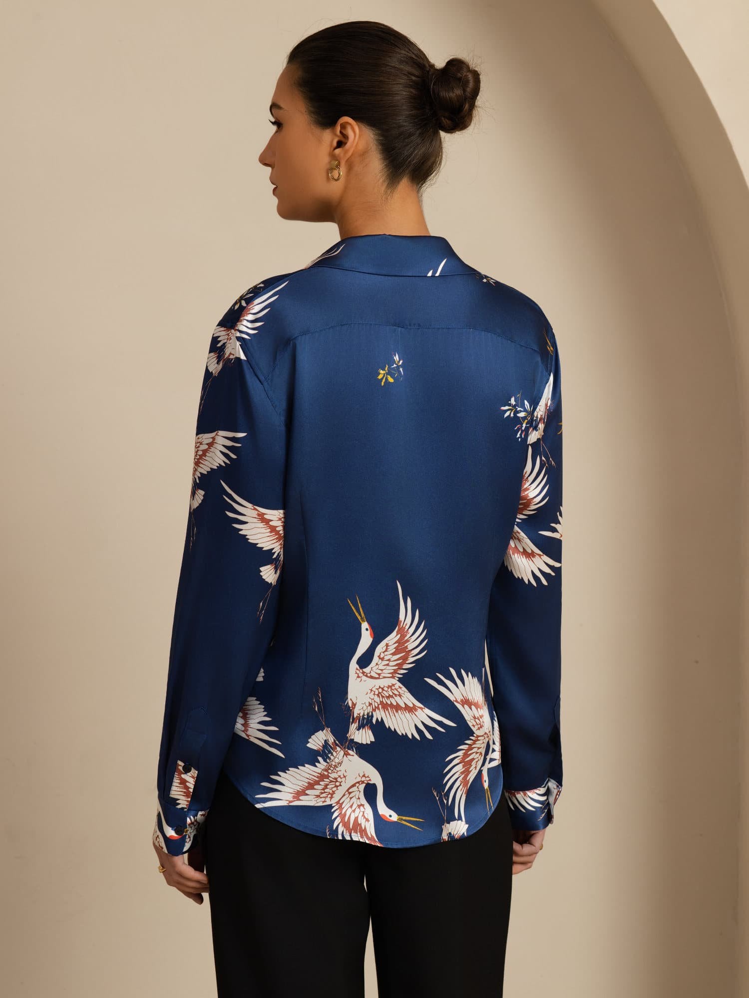 [Mørkeblå] SilkSilky-DK Long Sleeve Lapel Collar Dameskjorte 002