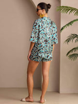 [Teal Botanisk] SilkSilky-DK Short Sleeve Notch Collar Dame Pyjamas 002