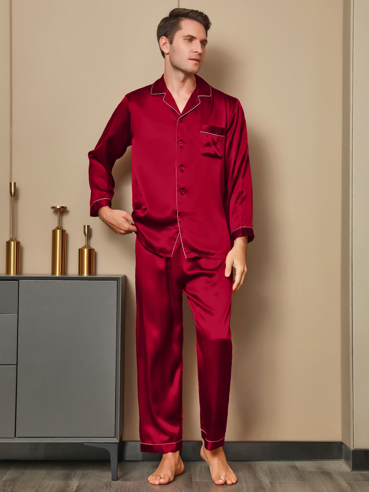 [Rød] SilkSilky-DK 19Momme Mens Pajamas 003