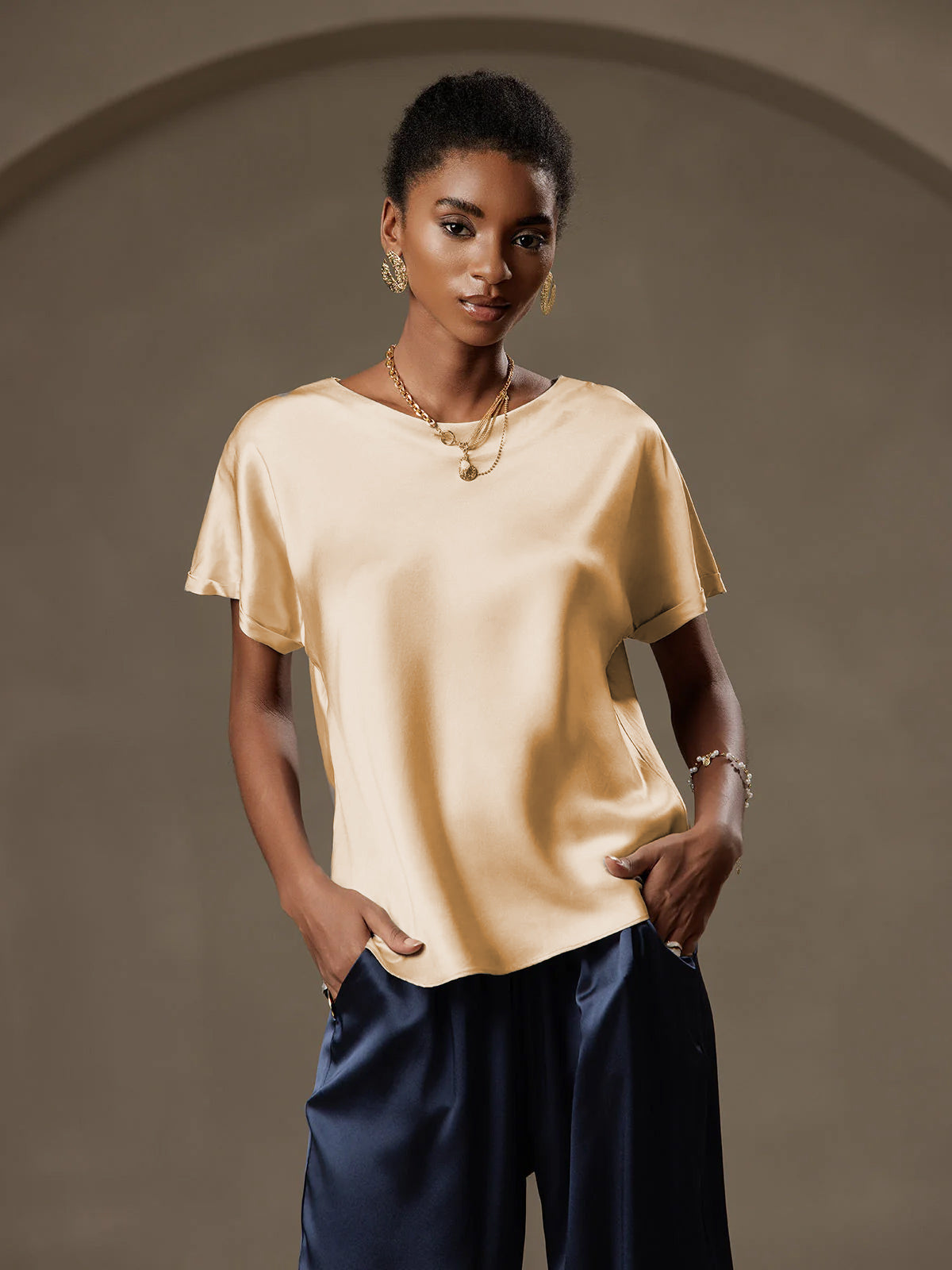 [Champagne] SilkSilky-DK 19Momme Silke Womens T-Shirt 001