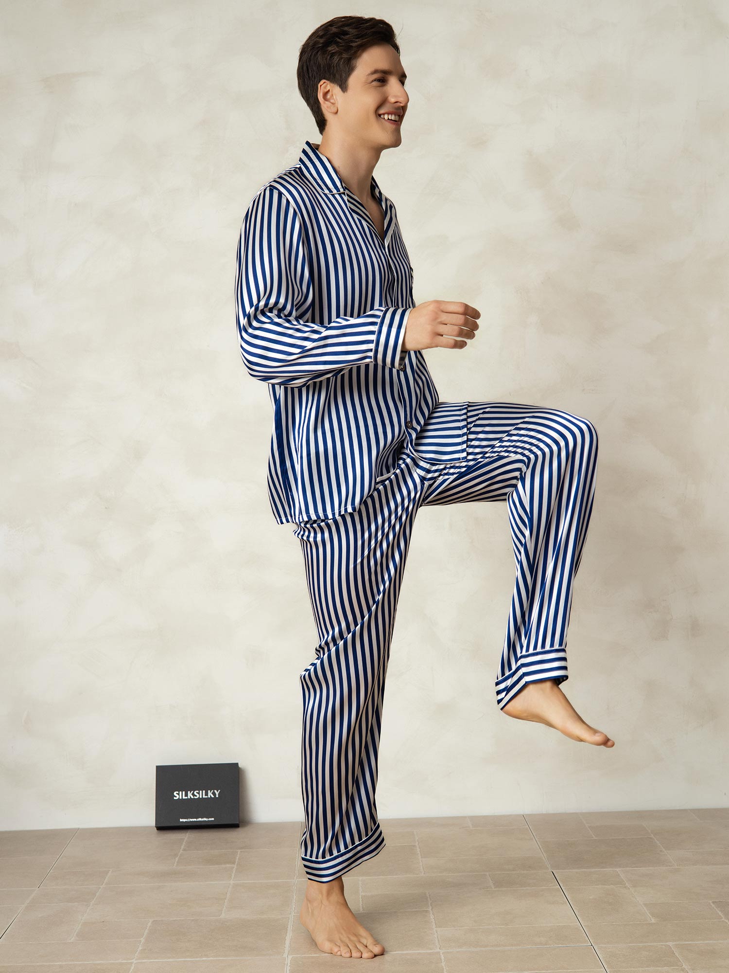 [Marine Stribe] SilkSilky-DK 19Momme Mens Pajamas 004