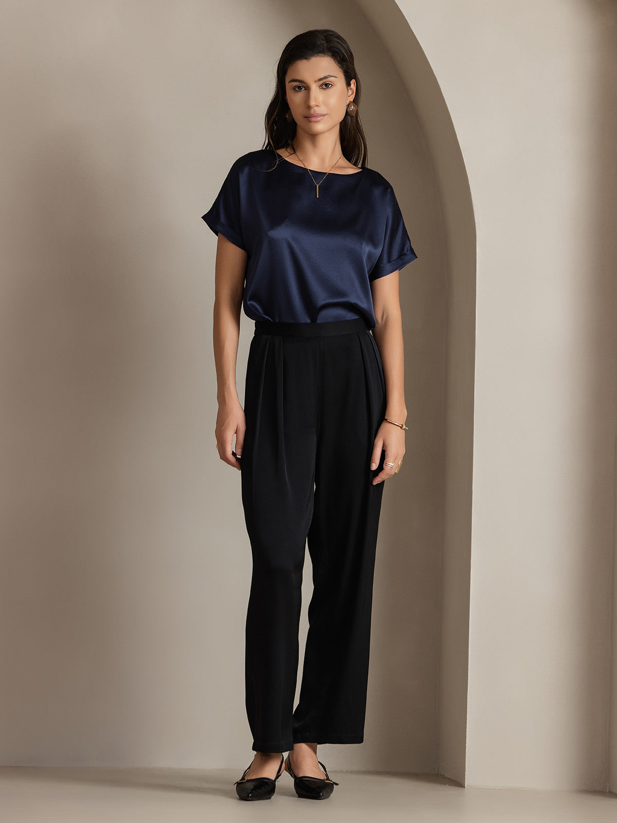 [Mørkeblå] SilkSilky-DK 19Momme Silke Short Sleeve Round Neck T-shirt til kvinder 005