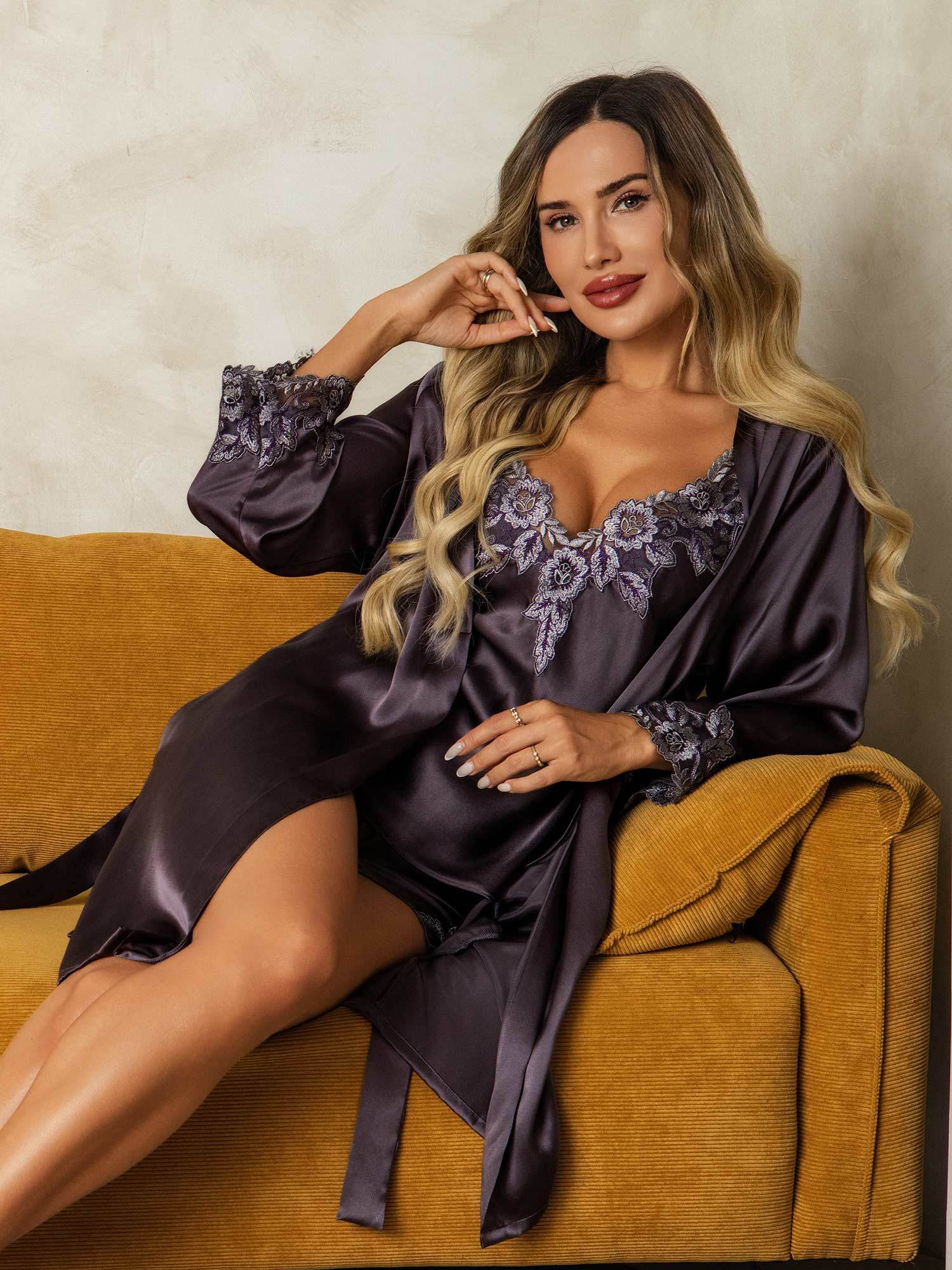 [LillaGrå] SilkSilky-DK Silke Wrap Natkjole & Morgenkåbe Sæt 005