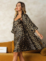 [Leopard] SilkSilky-DK 3/4 Sleeve V Neck Natkjole & Morgenkåbe Sæt 003