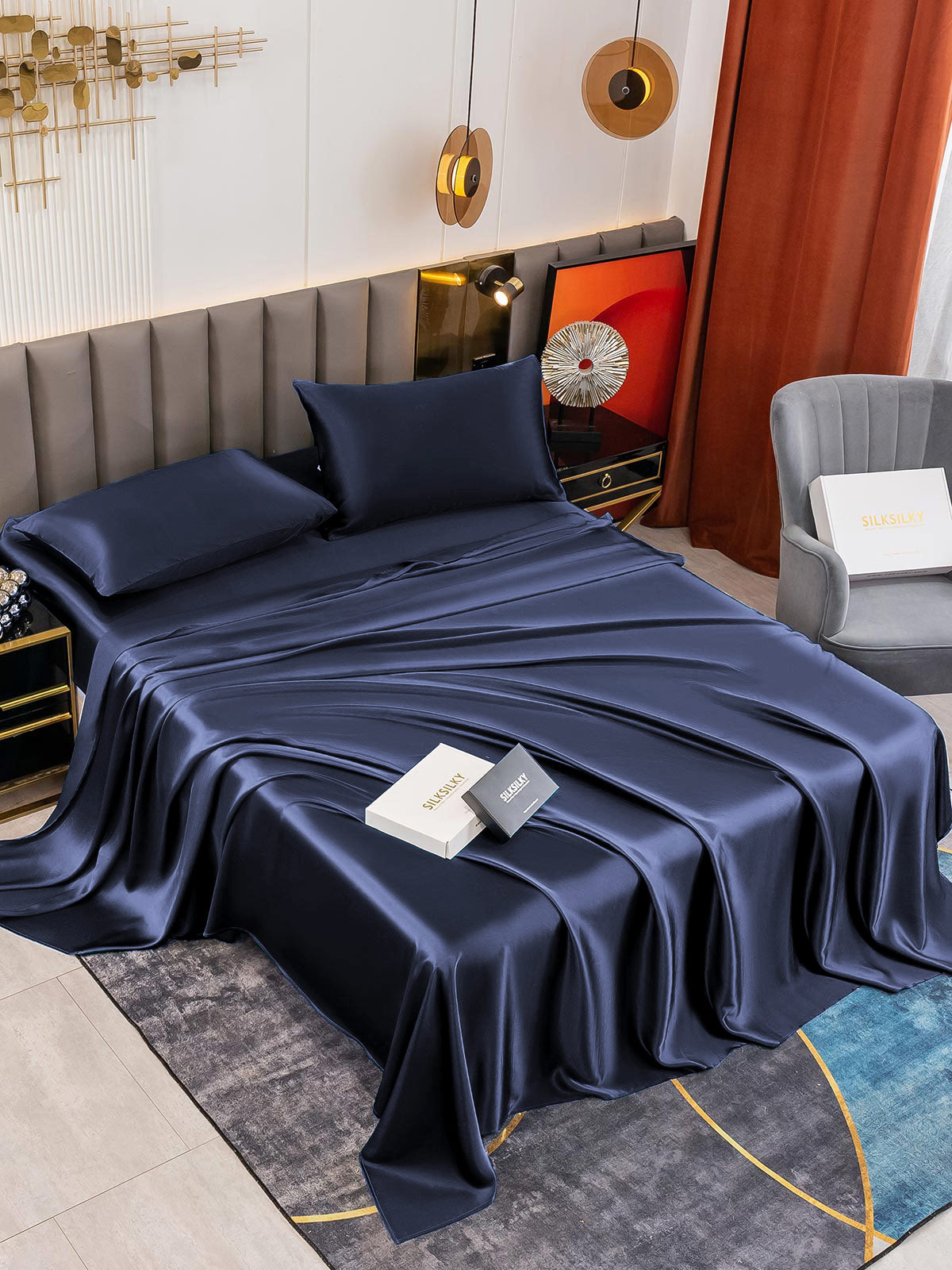 [Mørkeblå] SilkSilky-DK 19Momme Bedding Set 001