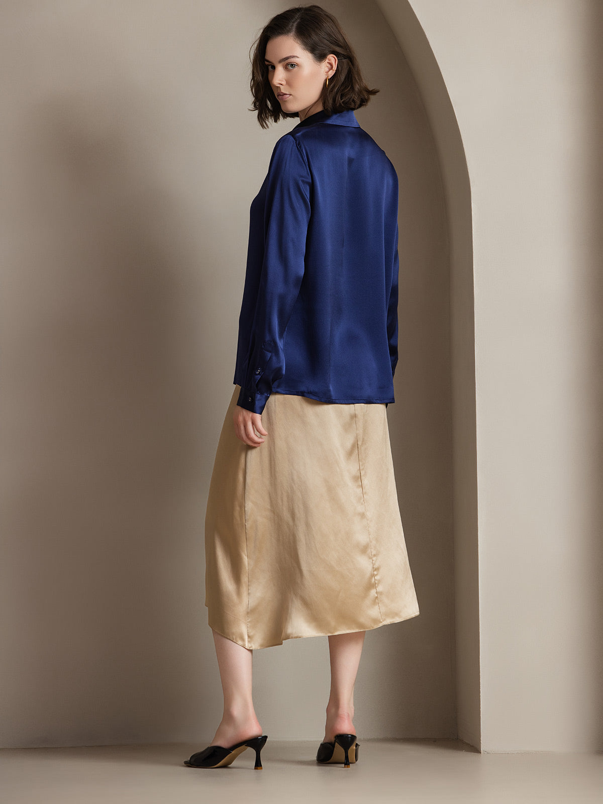 [Mørkeblå] SilkSilky-DK 19Momme Silke Womens Shirt 002
