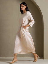 [Beige] SilkSilky-DK 3/4 Sleeve Round Neck Kjole 007
