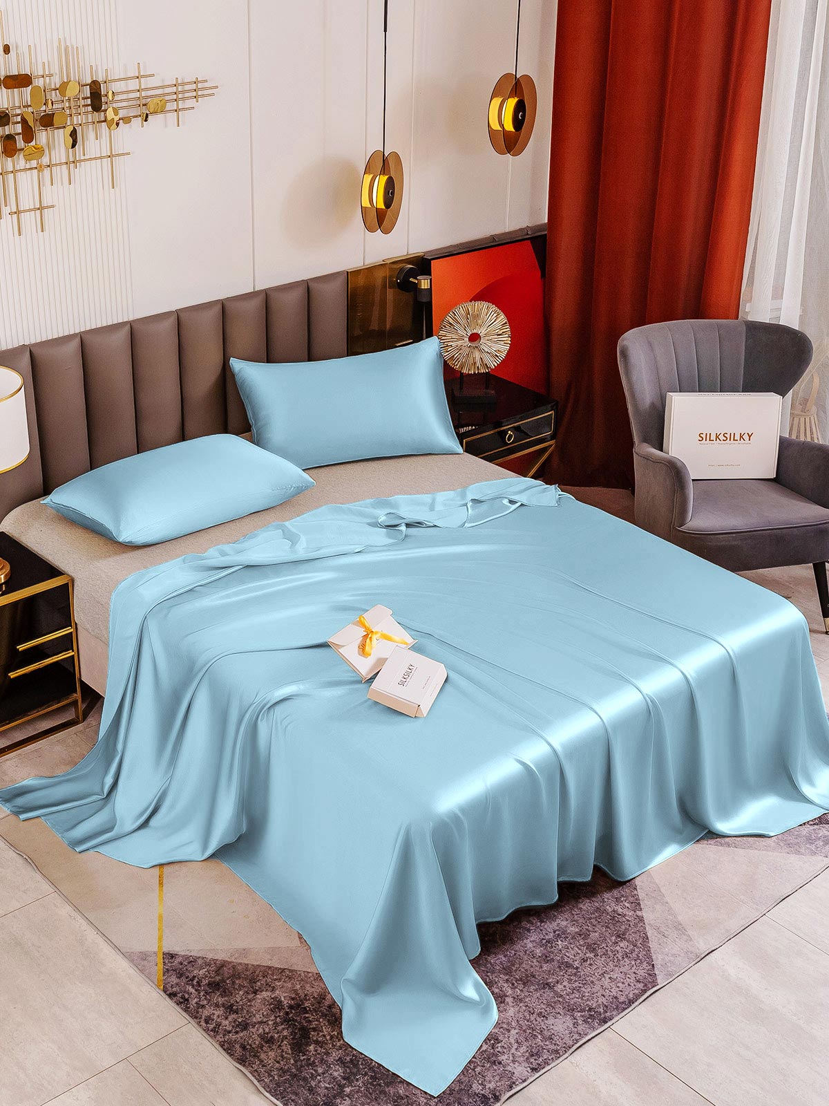 [Lyseblå] SilkSilky-DK 19Momme Bedding Set 001