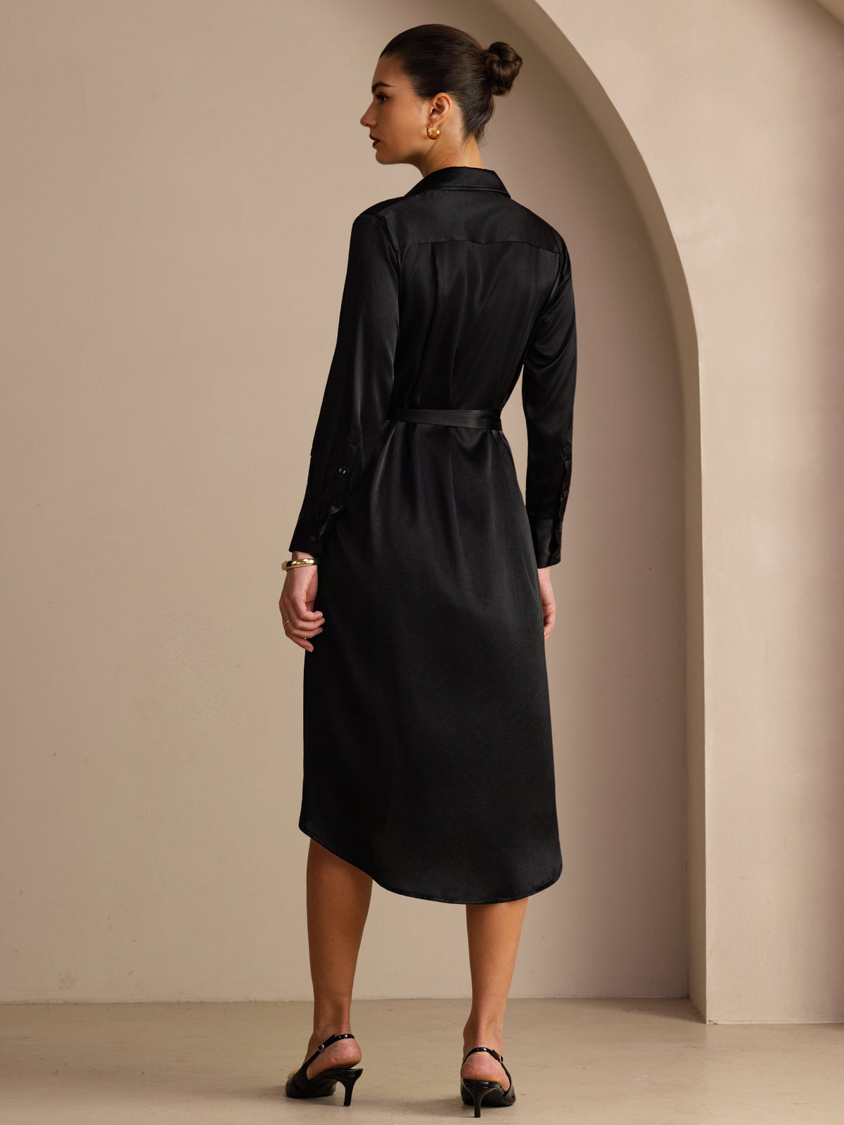 [Sort] SilkSilky-DK Long Sleeve Lapel Collar Kjole 002