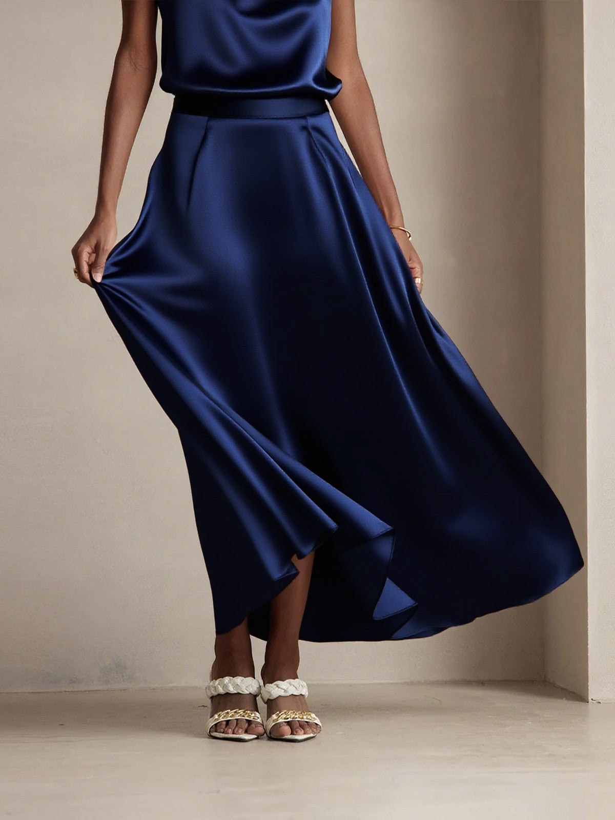 [Mørkeblå] SilkSilky-DK 19Momme Silke Skirt 005