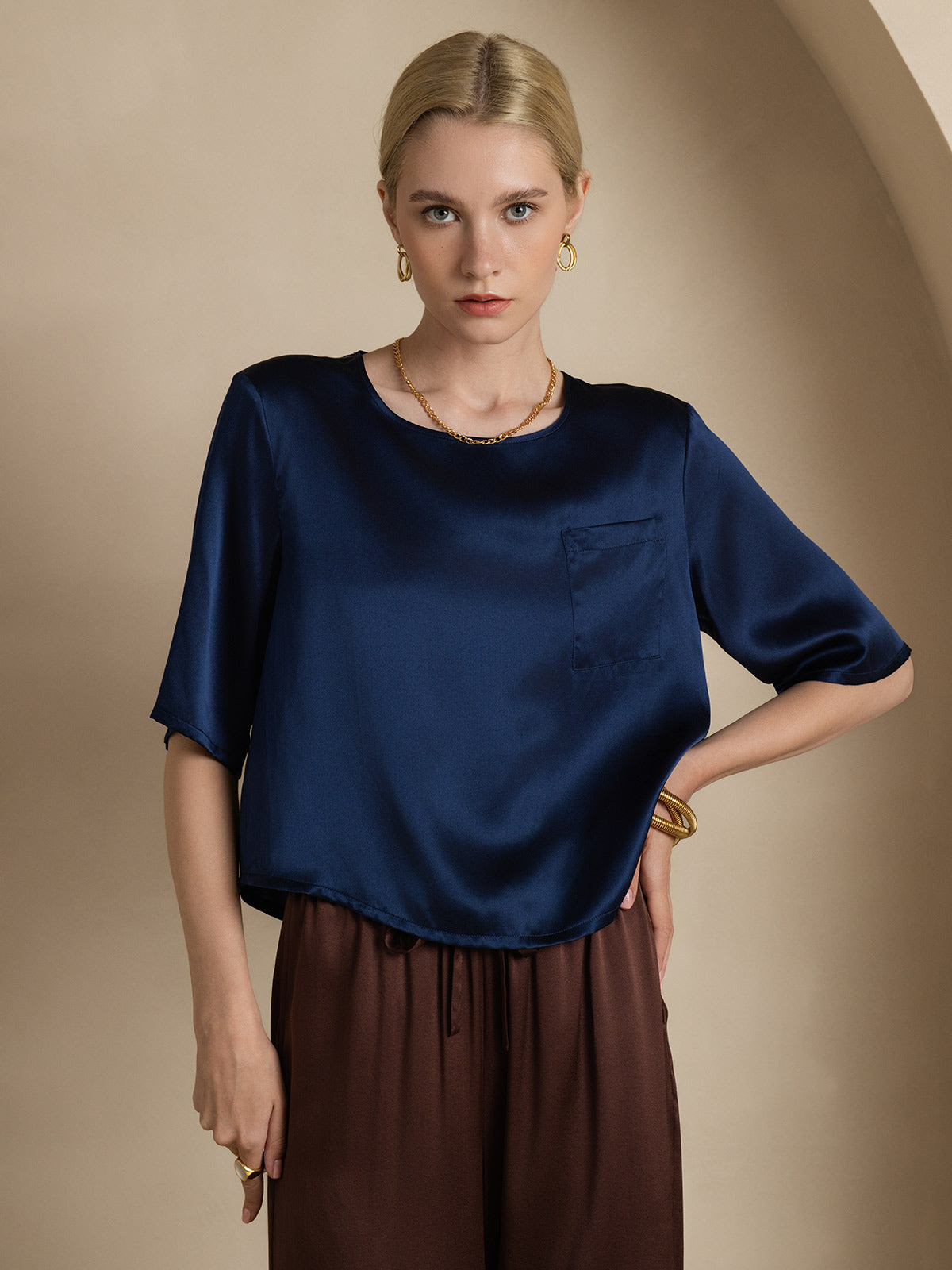 [Mørkeblå] SilkSilky-DK Pure Silk Half Sleeve Boat Neck T-shirt til kvinder 003