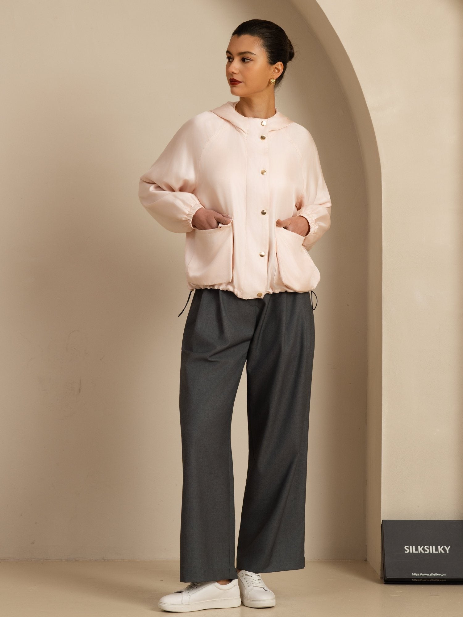 [Lyserød] SilkSilky-DK Langærmet Høj Hals Overtøj til Kvinder 007