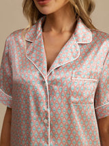 [Pink Hjerte Geo] SilkSilky-DK Short Sleeve Lapel Collar Dame Pyjamas 004