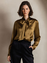 [Brun] SilkSilky-DK Long Sleeve Tie Neck Damebluser 006