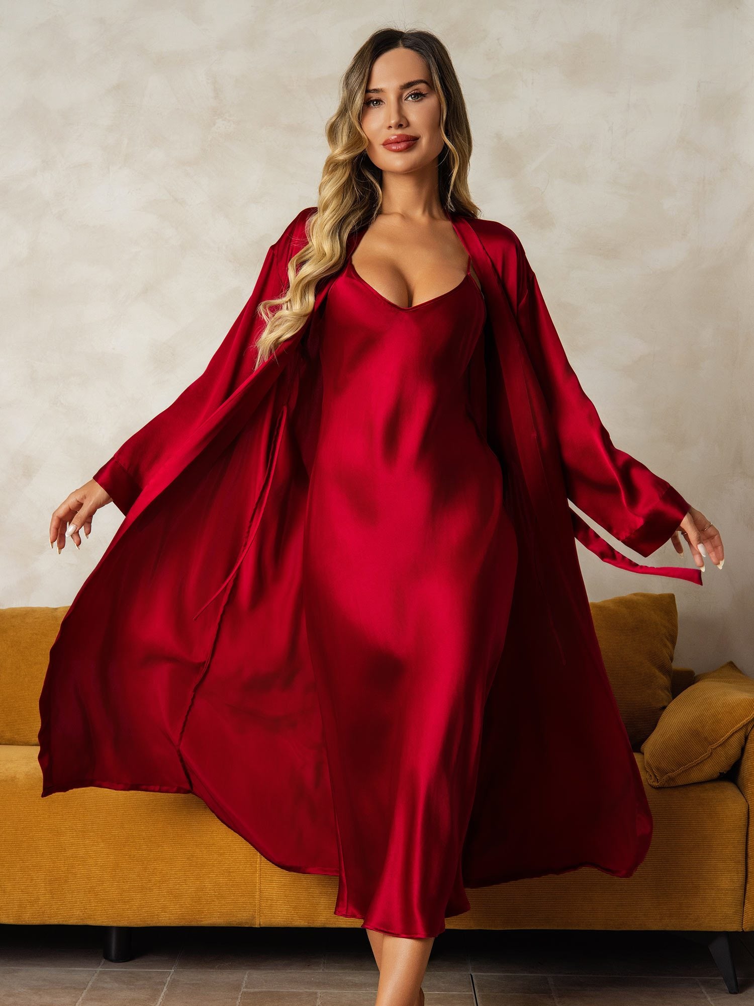 [Vin] SilkSilky-DK Silke Wrap Natkjole & Morgenkåbe Sæt 004