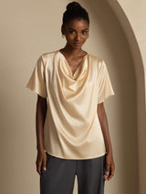 [Champagne] SilkSilky-DK Short Sleeve Cowl Neck Damebluser 001