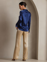 [Mørkeblå] SilkSilky-DK Long Sleeve Lapel Collar Dameskjorte 002