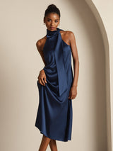 [Mørkeblå] SilkSilky-DK Sleeveless Halter Kjole 006