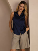 [Mørkeblå] SilkSilky-DK Sleeveless Lapel Collar Dameskjorte 006