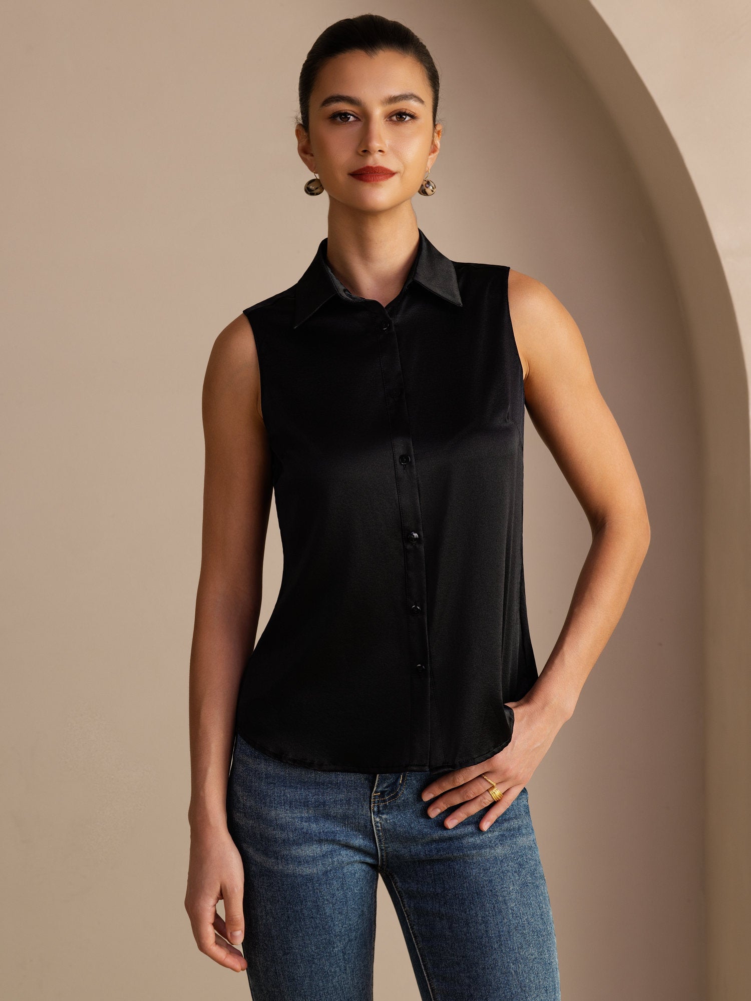 [Sort] SilkSilky-DK Sleeveless Lapel Collar Dameskjorte 001