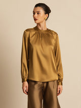 [Bronze] SilkSilky-DK 19Momme Langærmet Rund Hals Bluse 004